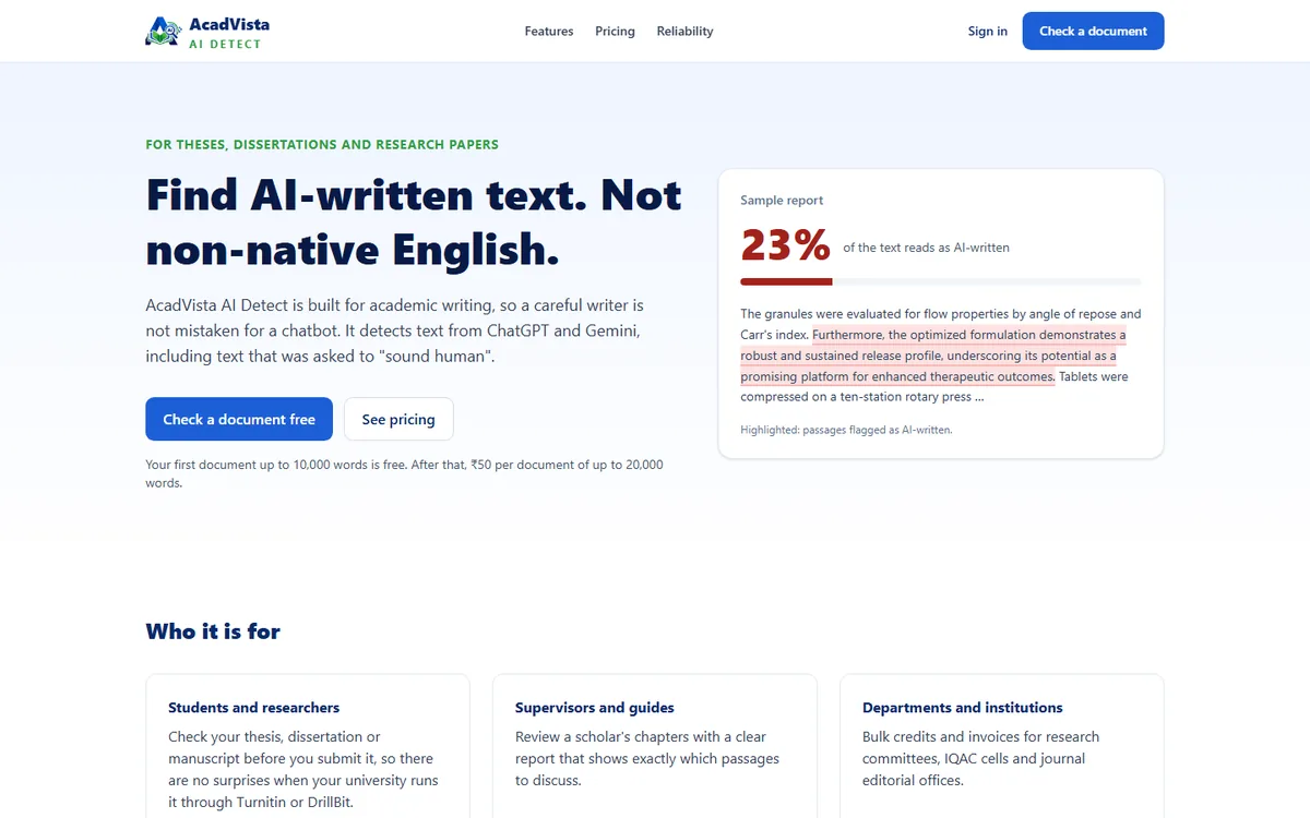 The AcadVista AI Detect homepage, with a sample report that highlights the passages read as AI-written